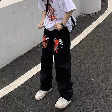 Y2K Hip-hop Demon Print Oversized Jeans Pants Men New Fashion Casual Harajuku Gothic Loose Straight Stacked Trousers Streetwear aidase-shop